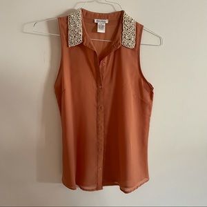 Sheer sleeveless button down shirt with pearl beaded collar